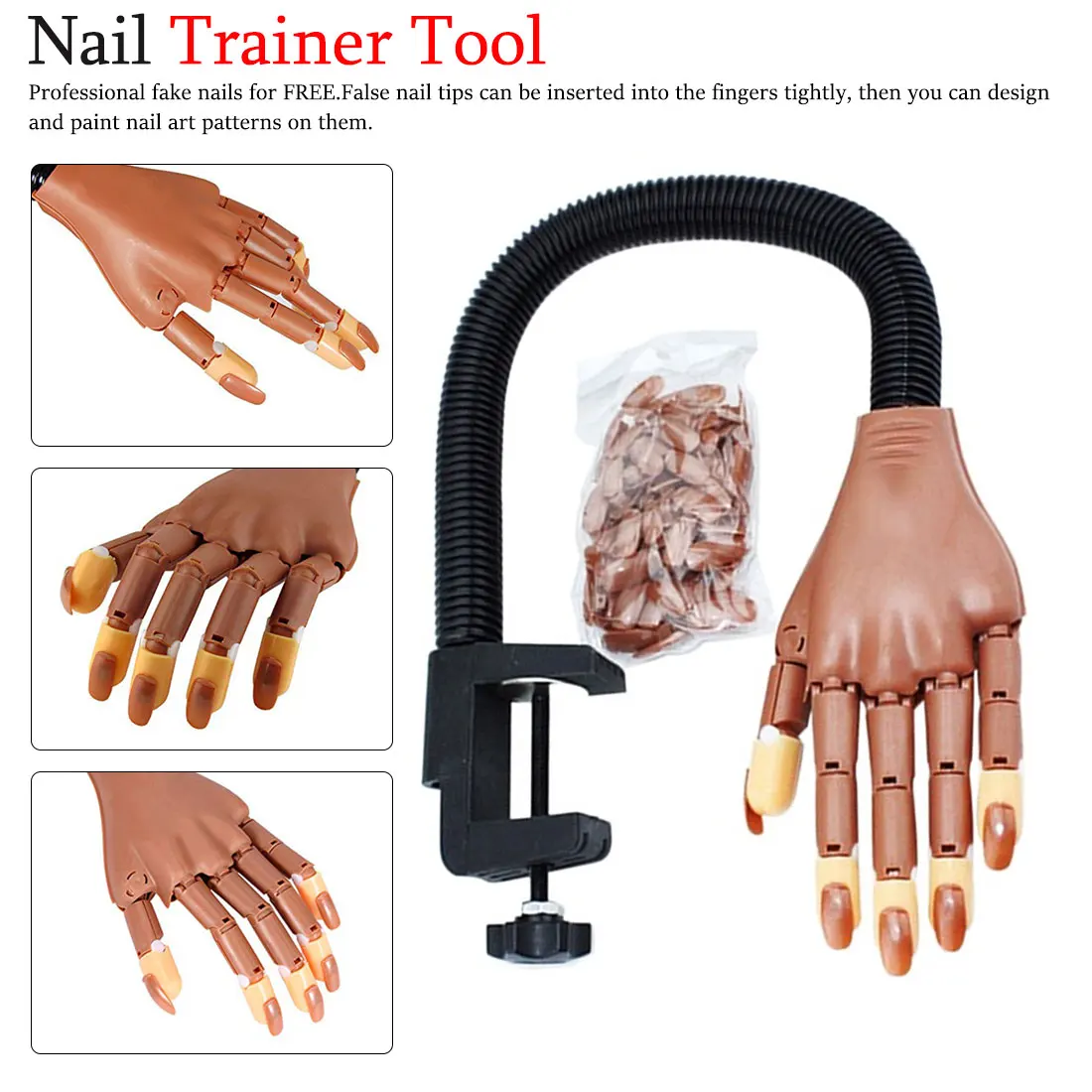 

Practice False Hand+100pcs Nail Tip Flexible Holder Nail Trainer Adjustable Nail Art Model Hand DIY Manicure Training Tool