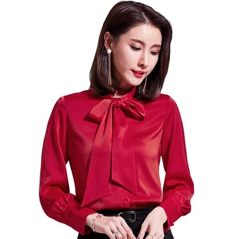 

Bow Decor Lady Black Chiffon Blouses Size S-2XL OL Fashion Clothing 2018 Brand New Women Casual Red Shirts