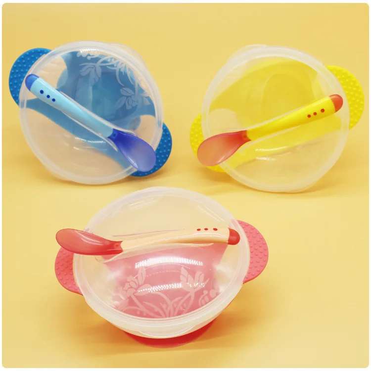 

Powerful Suction Cup Spoon Temperature Change Color Transparent Suction Cup Baby Training Bowl Feeding Baby Bowl Spoon Set