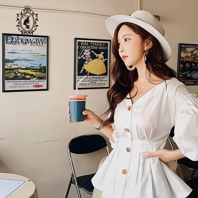 Dabuwawa 2019 New Autumn Elegant V-neck Shirts Fashion Cotton Lantern Sleeve Blouse Top White/Red DN1CST033