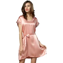 100% Silk Satin Women Nightgown Short Sleeves Nightdress Solid Color Ladies Sleepwear with the Waistband sp0041