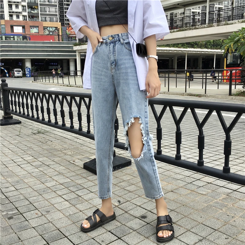 HziriP Корея 2019 новые джинсы с прорехами Для женщин модные женские Высокая Талия Свободные высококачественные стильные ботильоны-Длина