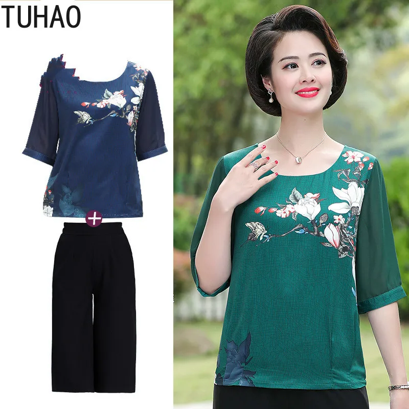 

TUHAO Fashion Women Suit Summer Clothing 2 Piece Set Women Large Size 5XL 4XL 3XL Middle Aged Female Tracksuit for Women LZ102
