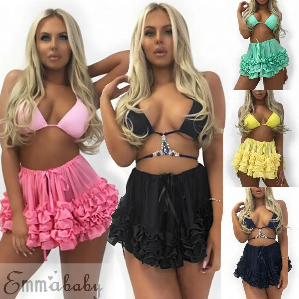 Sexy Women Summer High Waist Bikini Cover Up Skirts Ladies Solid Sheer Beach Wrap Mini Skirt