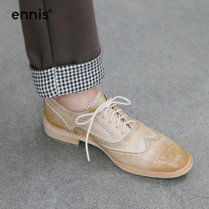 

ENNIS 2019 Autumn Brogues Women Shoes Genuine Leather Pumps Low Heels Lace Up Casual Shoes Ladies Fashion Designer Black P945