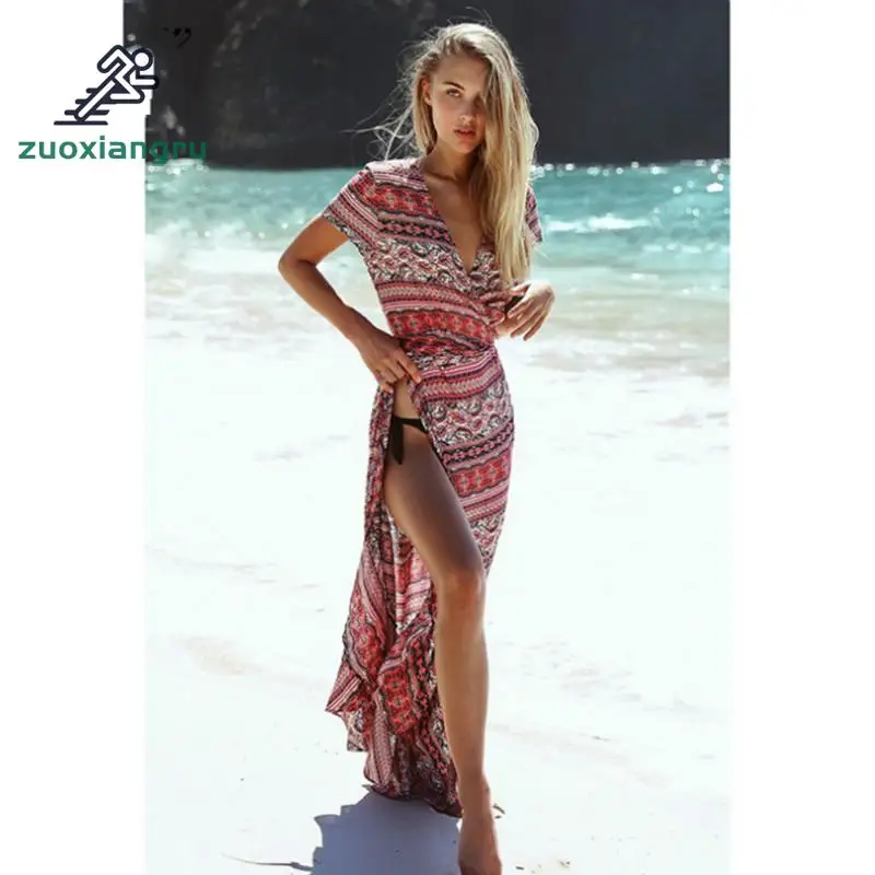 

New Arrivals Beach Cover Up Rayon Print Swimwear Ladies Saida De Praia Beach Long Dress Tunic Women Kaftan Robe De Plage