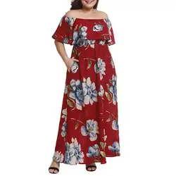 2018 плюс Размеры 4XL Цветочный принт Винтаж Макси платье Для женщин с открытыми плечами короткий рукав Летнее Повседневное платье WS9319X