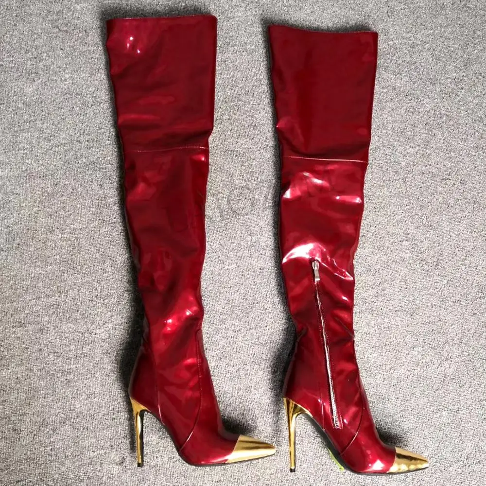 LAIGZEM SHINY Women Boots Thigh High Boots Wine Red High Heels Long Tall Waterproof Party Shoes Botines Mujer Large Size 4-15