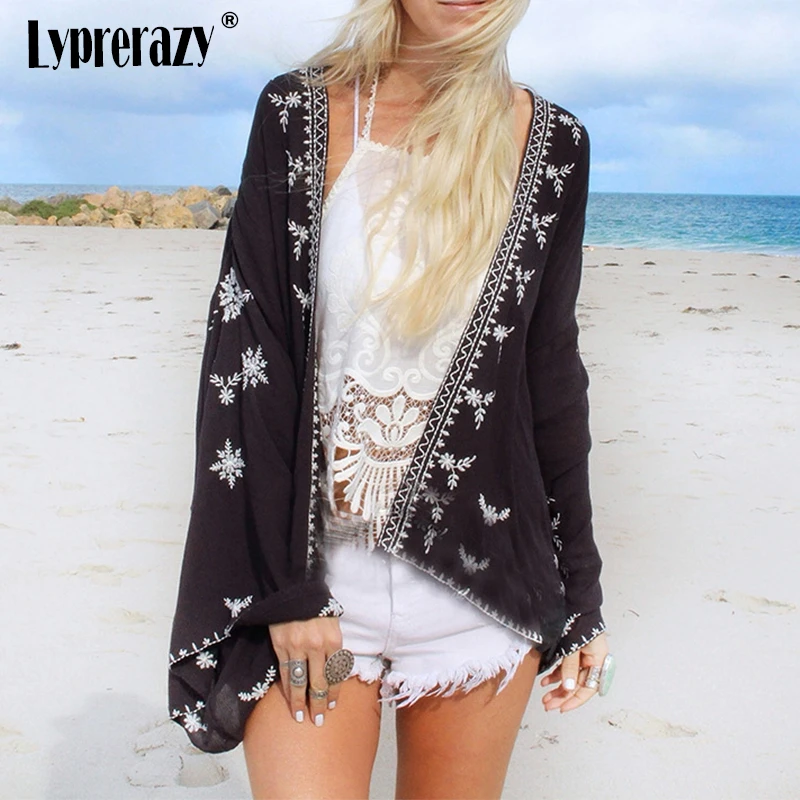

Lyprerazy New Chiffon Beach Cover Up Long Cardigan Feminino Beach Wear Tops Snow Printed Bathing Suit Cover Up Tunic Blouse