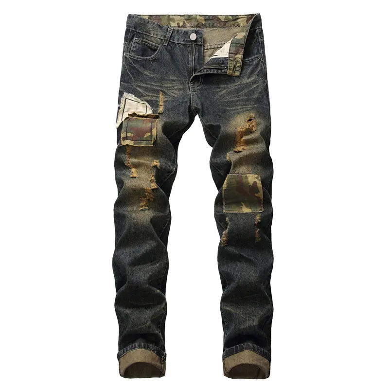 

Newsosoo Fashion Men Streetwear Patched Ripped Jeans Pants Patchwork Distressed Denim Trousers With Holes Washed Plus Size 28-42