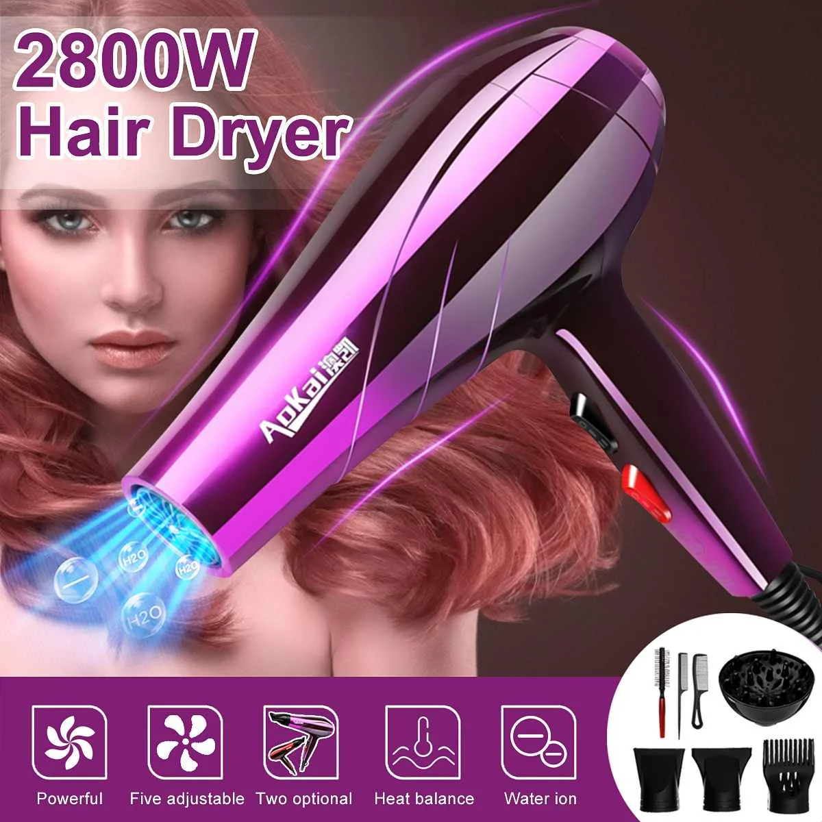 

Professional Electric Hair Dryer 2800W 220V Salon Hairdressing Blow Diffuser Tool Kit 2 Heat Speed 3 Tempreture Setting 24x28cm