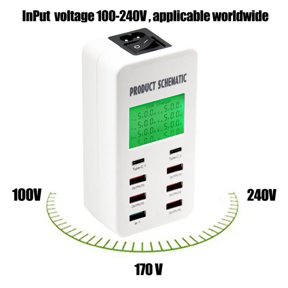 8 портов Смарт AC USB настенное зарядное устройство LED iPad iPhone Android Tablet 2x Type C