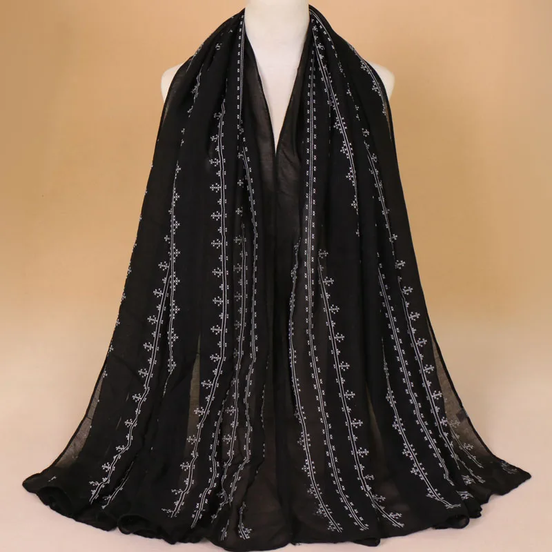 

Brand Embroidery Floral Cotton/Polyester Long Scarf Shawl Women Fashion Pure Color Soft Warm Pashmina Stole Muslim Hijab Sjaal