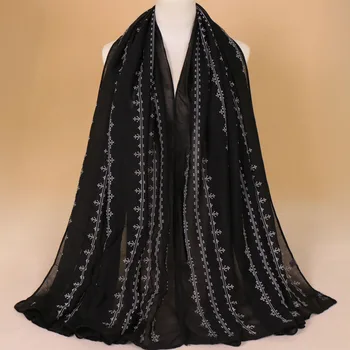 

Brand Embroidery Floral Cotton/Polyester Long Scarf Shawl Women Fashion Pure Color Soft Warm Pashmina Stole Muslim Hijab Sjaal