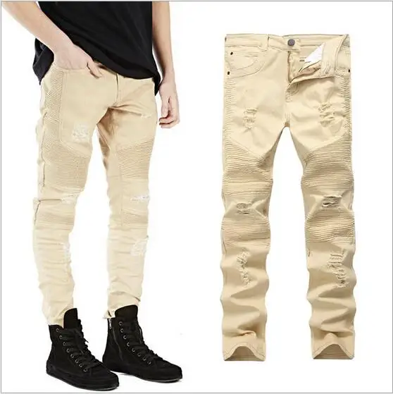 Khaki Skinny Denim Moto Jeans Stretch Men Biker Ripped Jeans For Men Size 42 Diestressed Slim Famous Kanye Broken Pants