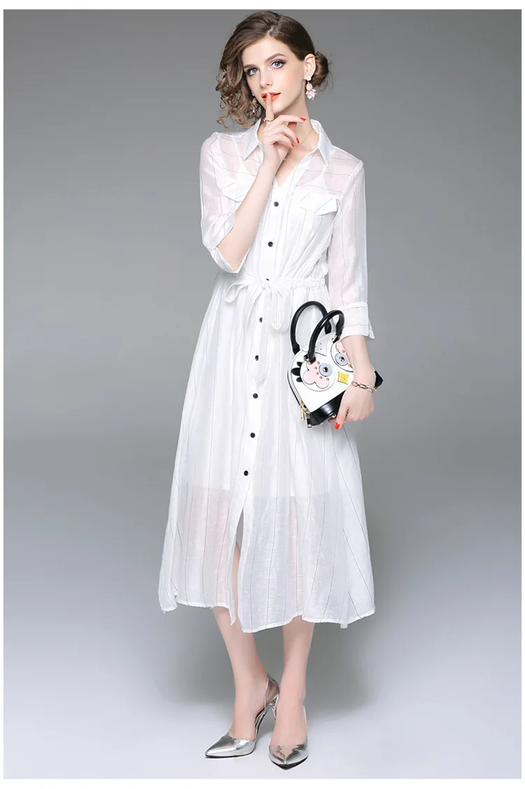 Европейская станция весна новые женские однобортные полосатые рубашки воротник платье длинные миди платья Подиум белое черное платье