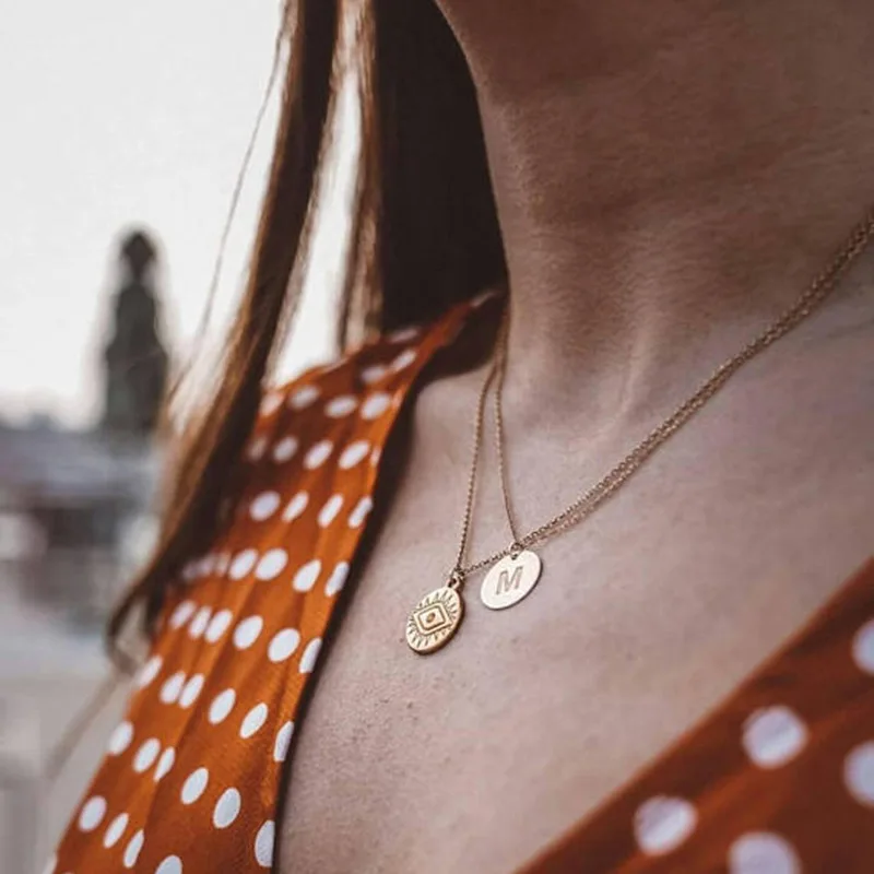 

WTLTC Boho Initial Coin Eye Pendant Necklaces for Women Geometric Round Disc Layered Choker Female Chains Chokers Necklaces 2019