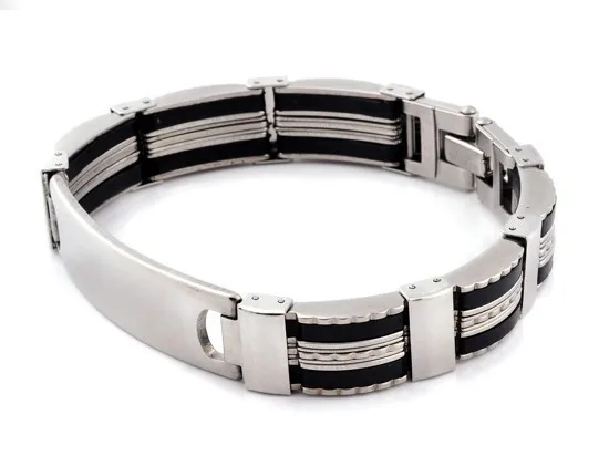 New-Men-s-High-Quality-Stainless-Steel-Bracelet-Silver-Link-Black-Rubber-Bangle (10)