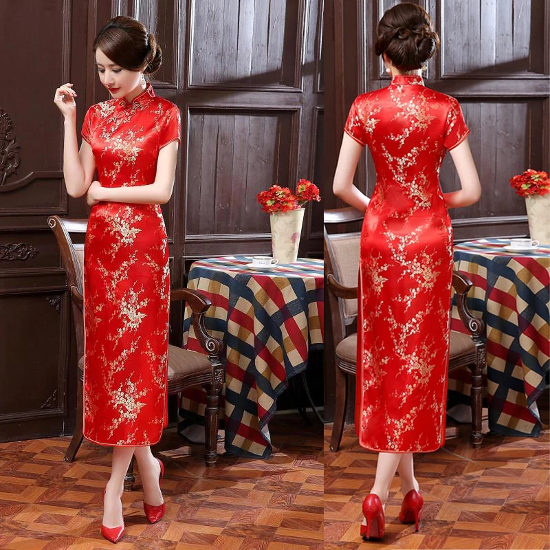 Черный, красный китайское традиционное платье Для женщин Cheongsam Qipao летние шорты рукавом длинное платье цветок размеры S M L XL XXL 3XL 020204