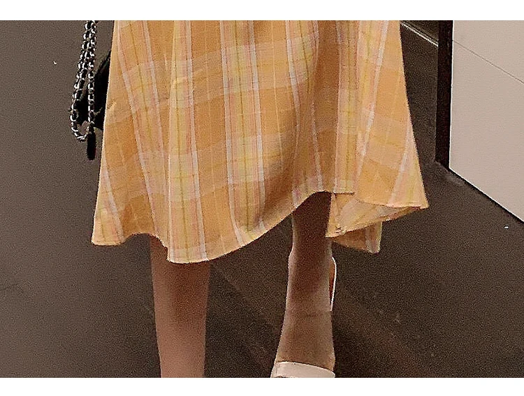 New French retro square collar plaid short sleeved ribbon dress summer waist woman A word big dress dress belt various methods