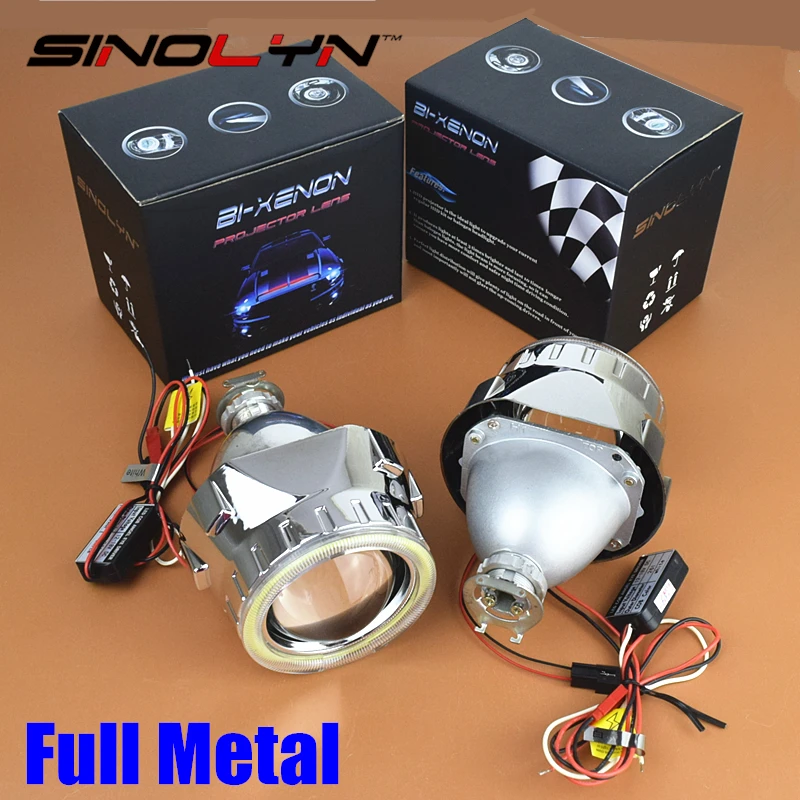 ФОТО Full Metal 2.5 inches Leader HID Bixenon Projector Lens H1 Headlight Kit Retrofit With COB LED Angel Eyes Halo DRL Car Styling