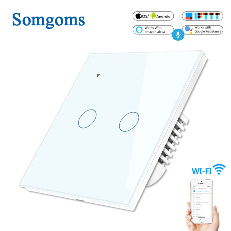 Дешево ЕС, Великобритания, 2 банды, 1 2 способа, Wifi настенный переключатель, беспроводной пульт дистанционного управления, светильник, релейное прил...