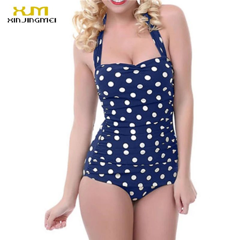 

2017 Plus Size Swimwear Women Polka Dot One Piece Swimsuit Female Vintage Bathing Suit One-Piece Suit Retro Large Size Swimsuits
