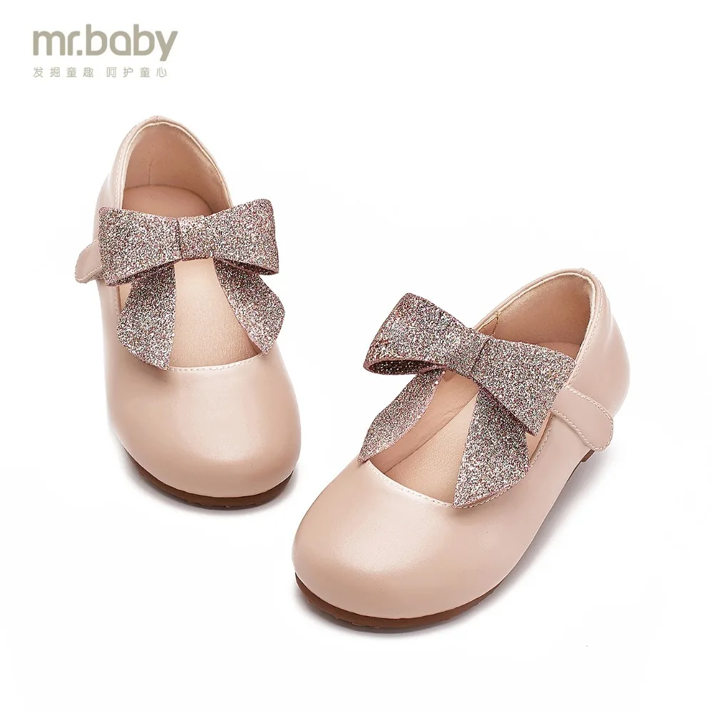 

Mr.baby Original kids shoes 2019 New Spring and Autumn Sweet shiny Pure color Bowknot Princess Girl Square head Leather shoes