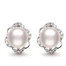 Eternal wedding Women Gift word 925 Sterling silver real Post natural pearl earrings, simple pearl stud earrings, flower shaped