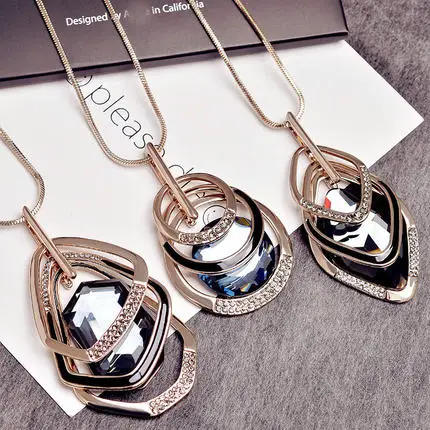 

Luxury Rhinestone Crystal Pendant Necklace Geometric Multilayer All-match Long Necklace Sweater Chain Women Accessories