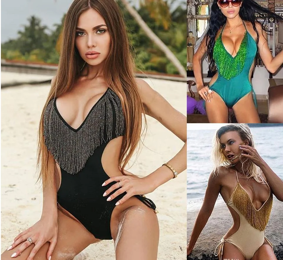 

2019 New Halter bandage swimwear Deep V Fringe Bikini Set Backless up padded swimsuit female beachwear Black Solid Bathingsuit