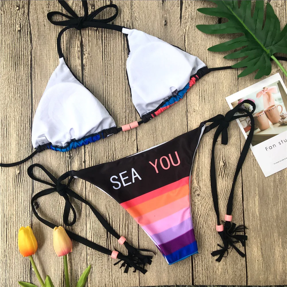 Kaufen Melphieer Bikini 2020 Mädchen String Krawatten Halter Brazilian Bikini Badeanzug Brief Drucken Bademode Sommer Strand Tragen Badeanzug