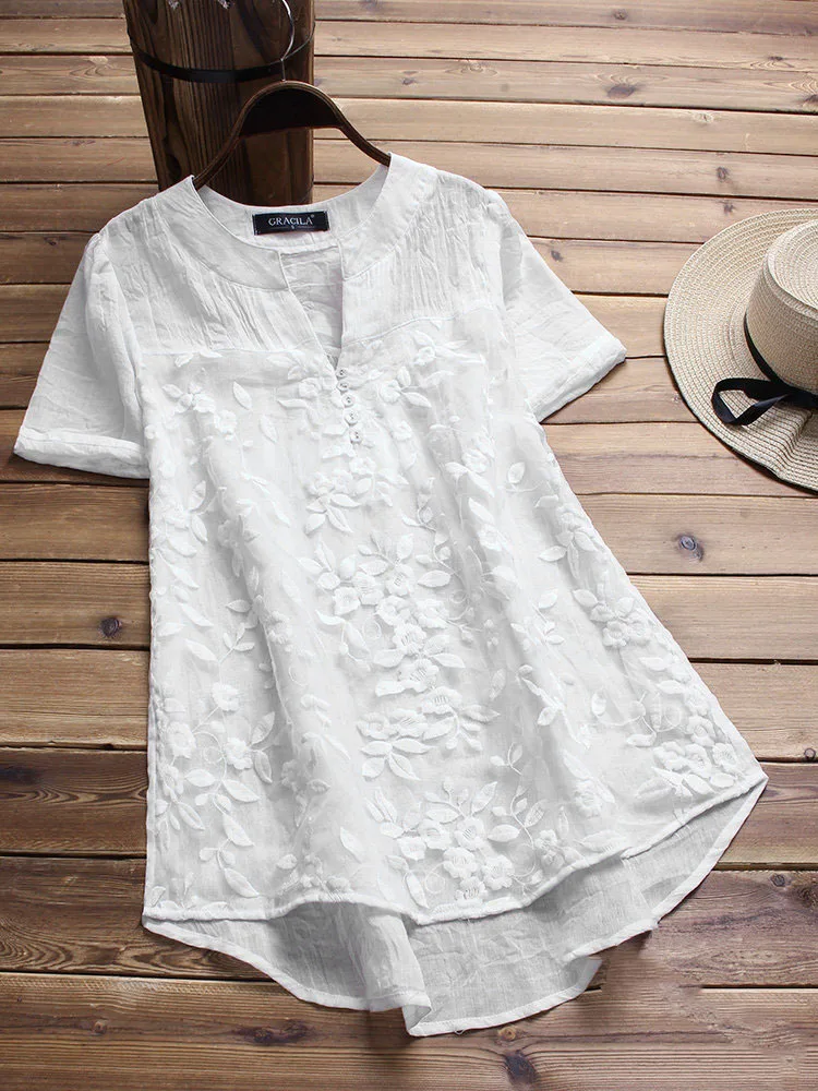 Kilopy Women Summer Loose Casual Round Neck Basic Floral Pleated Tops Short Sleeve Chiffon Pullover Shirt Blouse Ladeis 