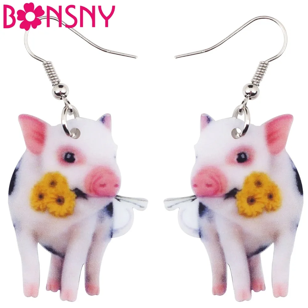 

Bonsny Acrylic Flower Pink Pig Piggy Earrings Big Long Dangle Drop Cute Animal Jewelry For Girls Women Ladies Teens Accessories