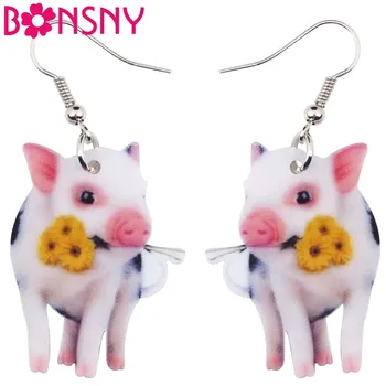 

Bonsny Acrylic Flower Pink Pig Piggy Earrings Big Long Dangle Drop Cute Animal Jewelry For Girls Women Ladies Teens Accessories