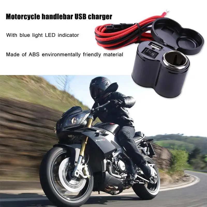 12-24V Motorcycle Scooter Handlebar Clamp Waterproof USB Cigarette Light Blue LED Indicator Cigarette Lighter Socket Plug Moto