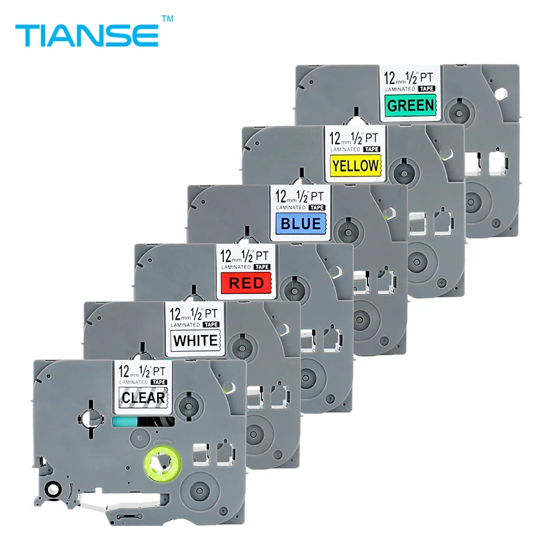 

TIANSE 6PCS TZe-131 TZe-231 TZe431 TZe-531 TZe-631 TZe-731 for Brother P-touch Printer Tape 12mm x 8M TZ Laminated Label Ribbons