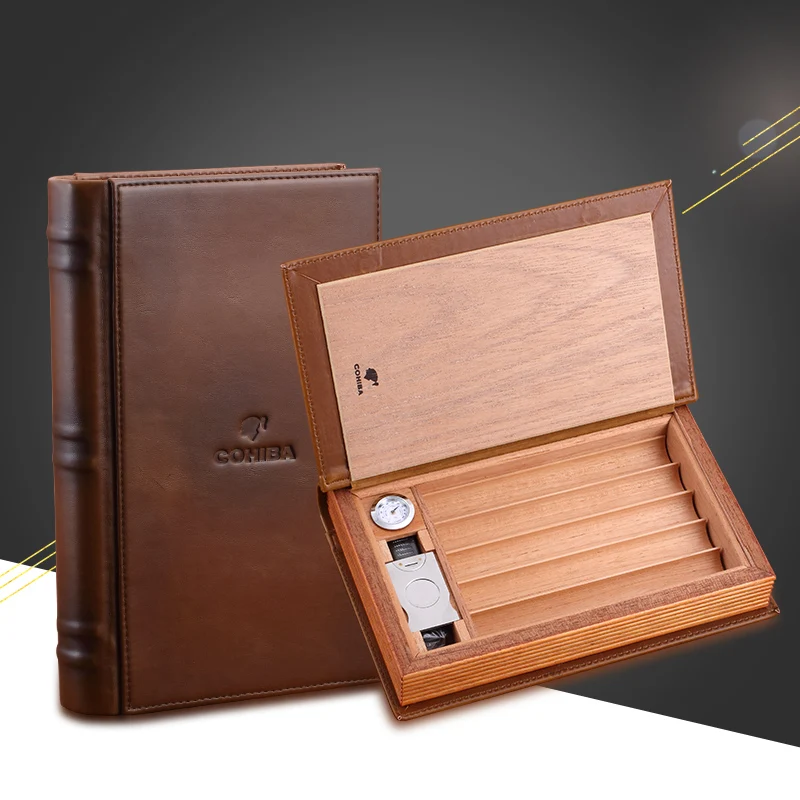 COHIBA Classic Gadgtes Antique Book Style Cigar Humidor Mini Cedar Wood Lined Leather Cigar Case Box Cutter Humidifier Set