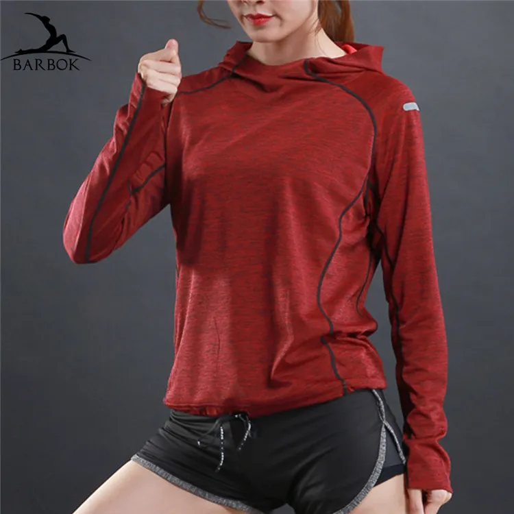 

BARBOK Thin Running T Shirt Hooded Men Women Dry Quick Gym Shirt Couple Fitness Long Sleeve Track Autumn Jogging Sports Shirts