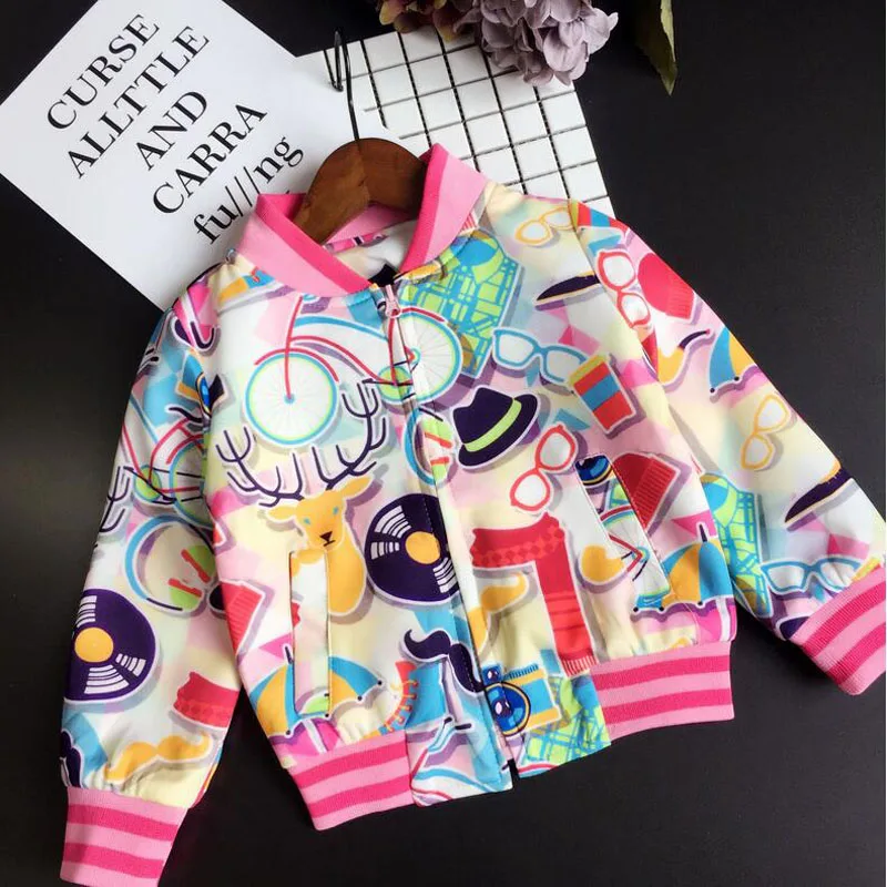 

JENYA 2017 New Children Outwear Girls Cartoon Graffiti Print Spring Autumn Infant British Hyperbole Lovely Haulage PU Jacket