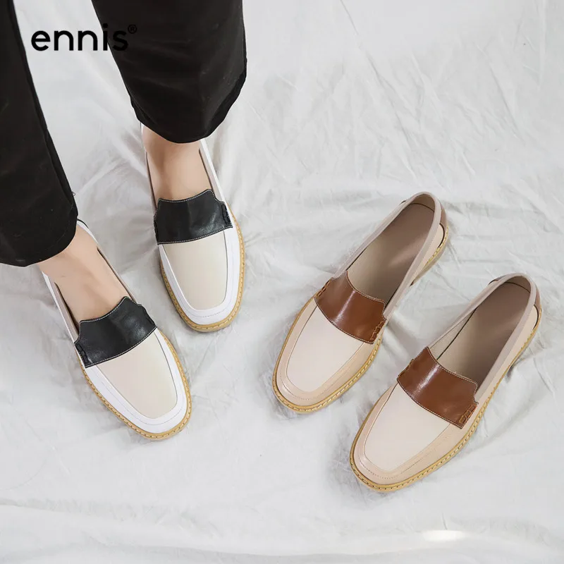 ENNIS Genuine Leather Boat Shoes Women Outdoor Casual Shoes Mixed Color Shoes Black Brown Flat Loafers Autumn Spring C9108