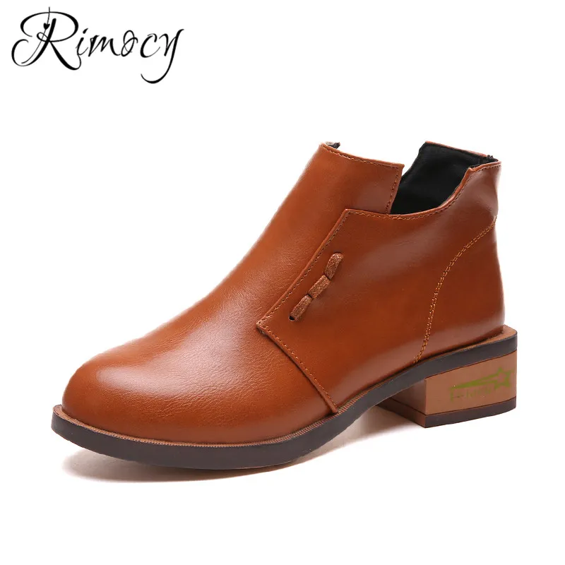 

Rimocy round toe ankle boots for women PU botas mujer waterproof botines 2019 spring warm shoes woman square heels zipper boots