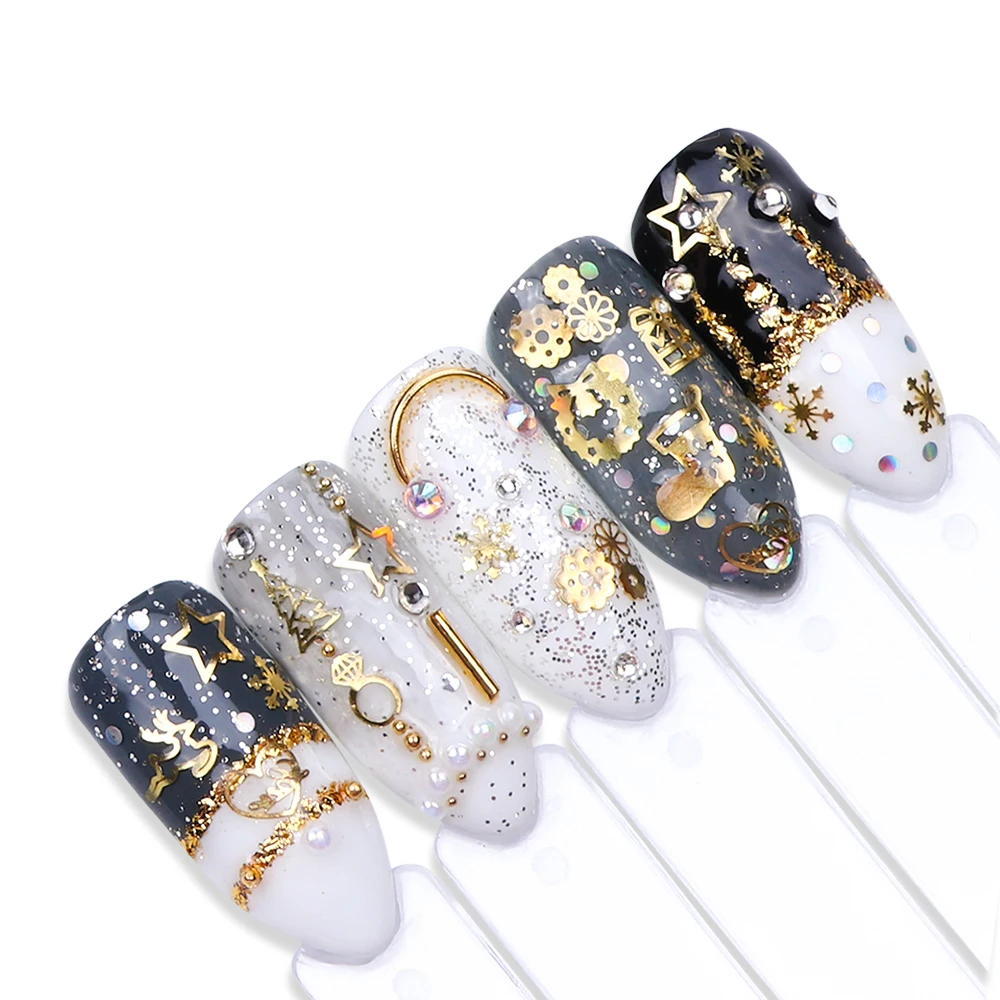 1 коробка для украшения ногтей металлические ломтики смешанные золотые рождественские снежные колокольчики Звездные полые 3D тонкие чешуйчатые украшения для ногтей маникюрный наконечник JI708