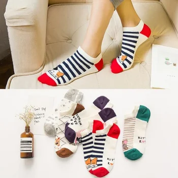

socks ship ankle cotton polyester for lady girl women female 20-24.5cm free size strip cat cartoon design