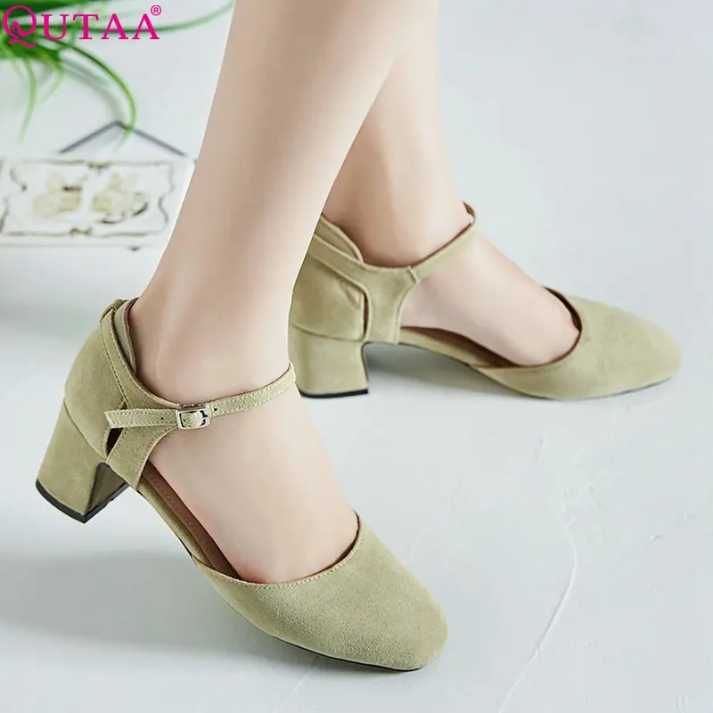 

QUTAA 2019 Women Shoes Platform Pink All Match Square High Heel Flock Buckle Summer Square Toe Elegant Ladies Pumps Size 34-43