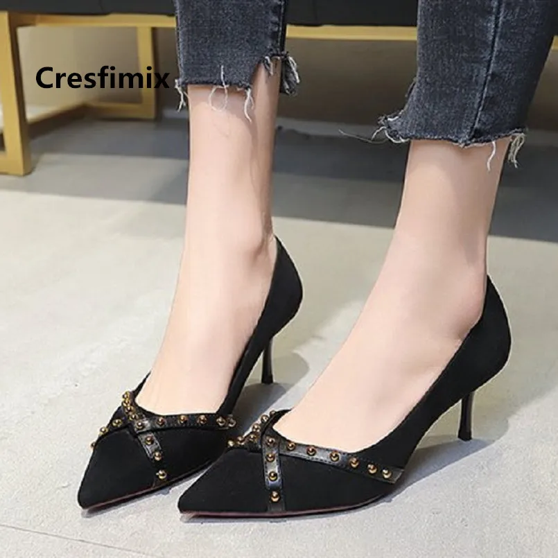 Cresfimix mujer tacones altos women cute high quality flock high heel shoes lady fashion sweet rivet black high heel pumps a3539