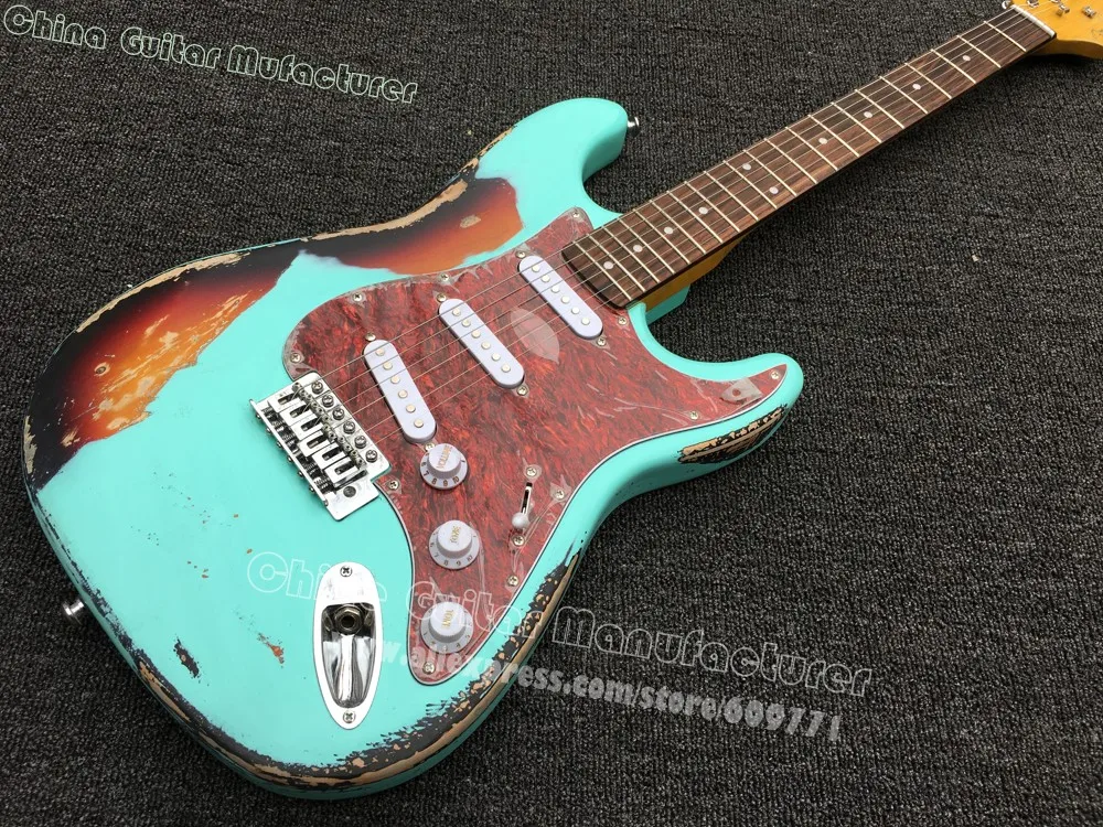 Высокое качество Strat Relic Daphne Blue/sunburst 60 летняя электрогитара тяжелая состаренная
