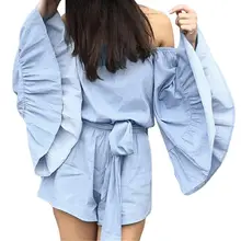 Women's Off Shoulder Flare Sleeve Jumpsuit Romper Summer Beach Holiday Elegant Ruffle Bow-Tie Short Playsuit Women's Off Shoulder Flare Sleeve Jumpsuit Romper Summer Beach Holiday Elegant Ruffle Bow-Tie Short Playsuit