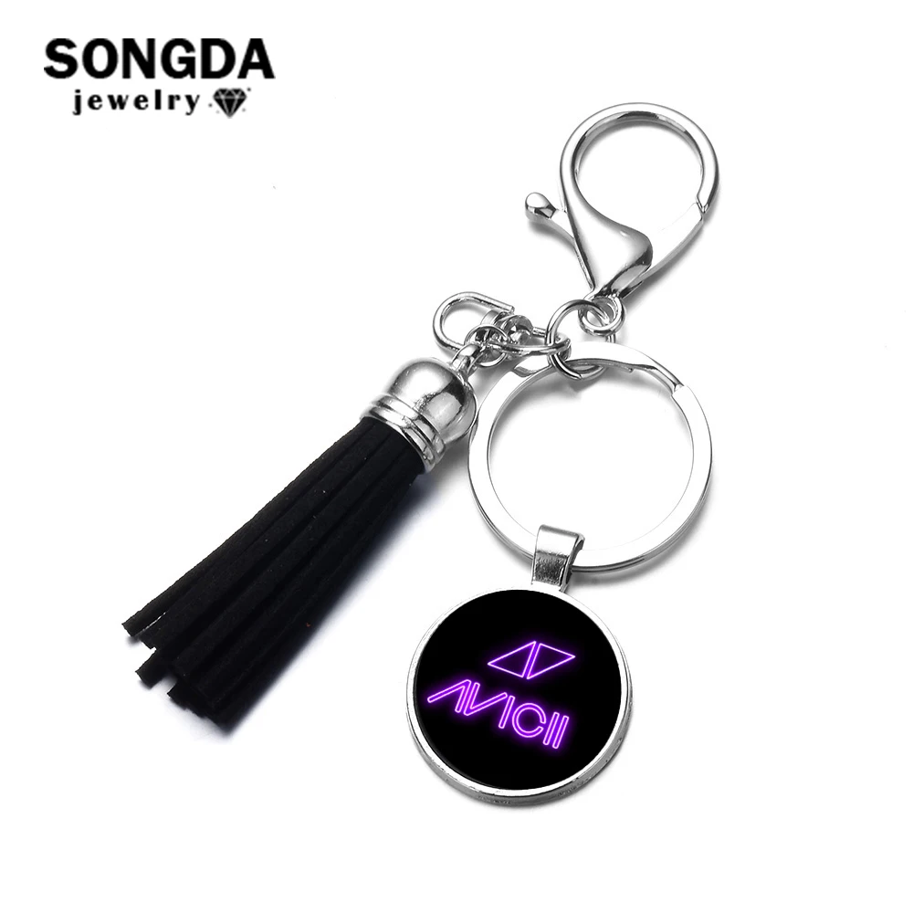 

SONGDA Avicii Logo Leather Tassels Keychain A GOD DJ Avicii Hot Summer Music Fan Souvenir Alloy Car Keychain Bag Pendant Keyring