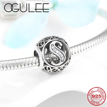

Real 925 Sterling Silver Hollow Letter S Alphabet beads Fit Original Pandora Charms Bracelets Bangles Jewelry making for Women